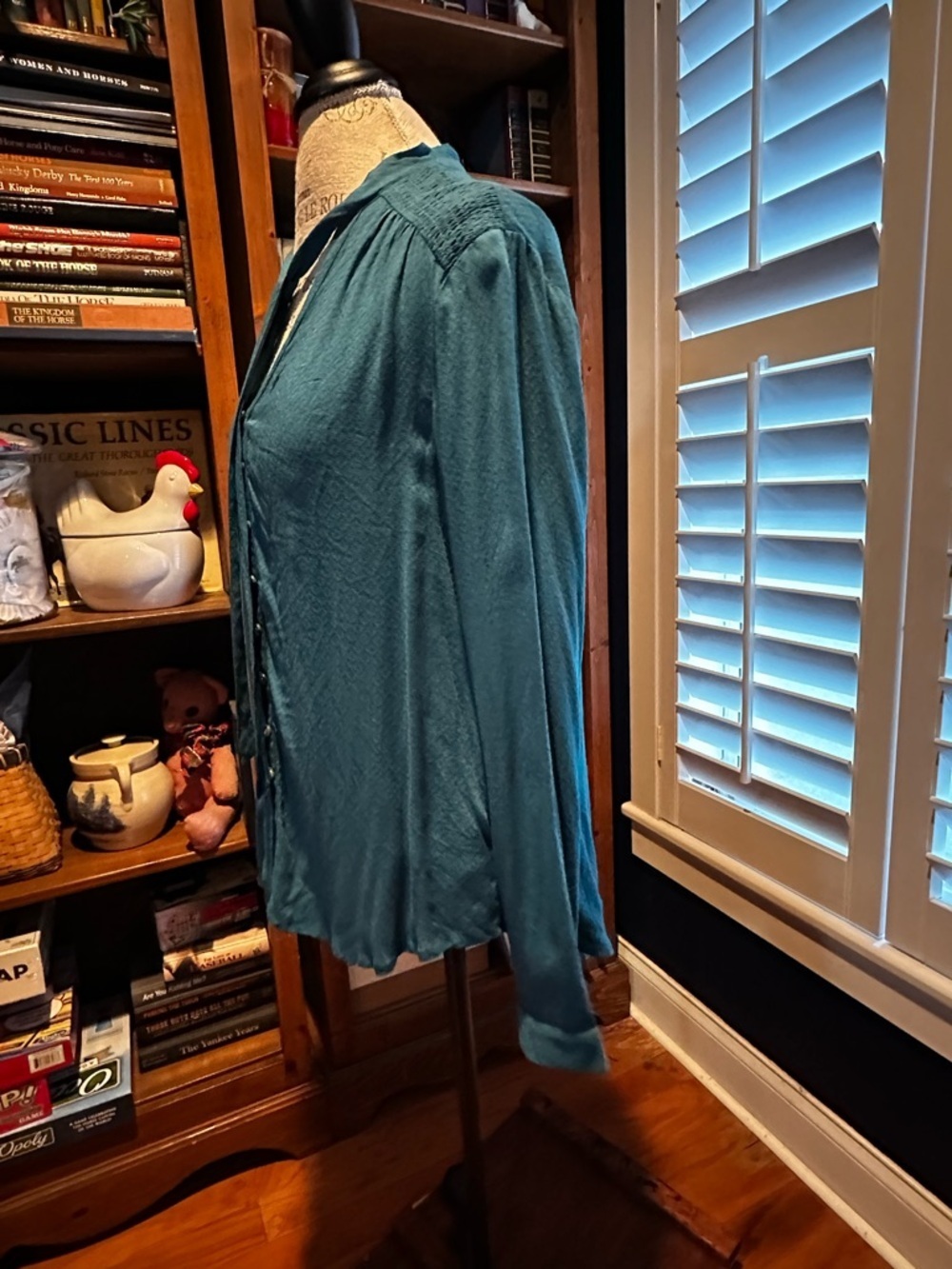 Anthropologie Teal Long-Sleeve Tie-Neck Blouse - Picture 3 of 13